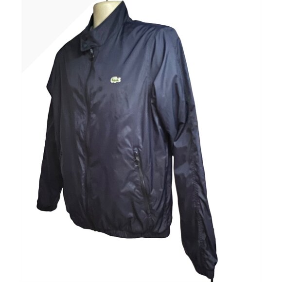 Lacoste Mens Vintage Navy Blue Zip Up Lined Windbreaker Jacket Large Zip Pockets - Picture 3 of 10